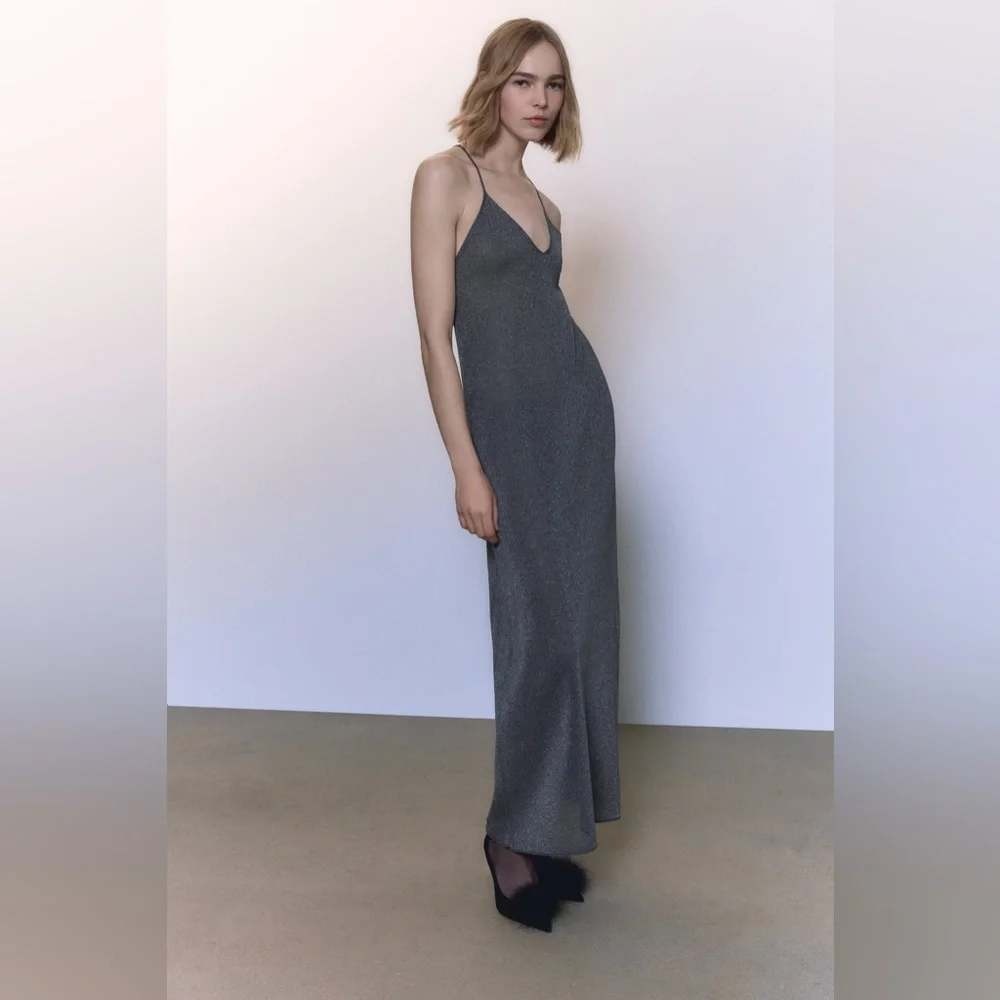 Zara Womens Metallic Shimmer Maxi Dress Dark Gray Size S